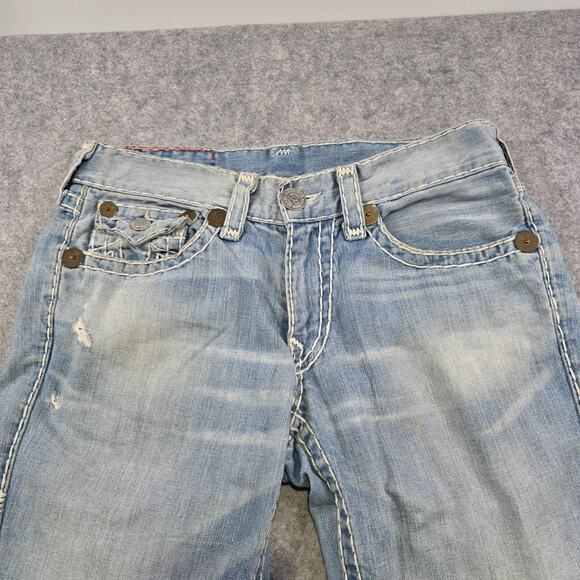 True Religion Jeans Men 33 Light Wash Joey Super T Bootcut Distress Thick Stitch - Picture 5 of 16